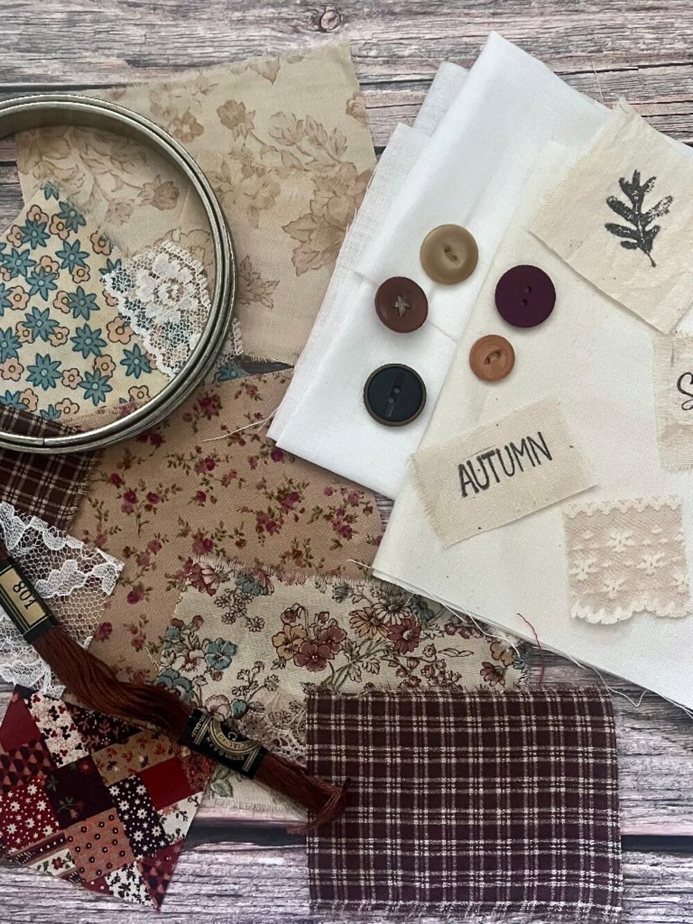 Fall Slow Stitch Kit Vintage Fabric Scrap Bundle Embroidery Textile Art Supplies